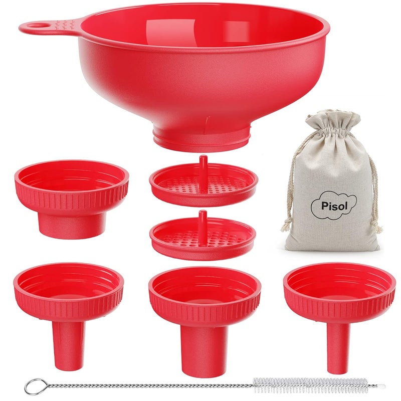 Pisol Wide Mouth Versatile Funnel, Canning Funnels for Kitchen Use, Food Grade Plastic Cooking Funnel Set with 4 Size Spouts and 2 Strainers for Filling Different Bottles and Bags, Red - Image 1